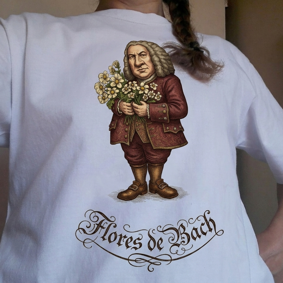 Persona llevando una playera blanca con una imagen de bach con un ramo de flores